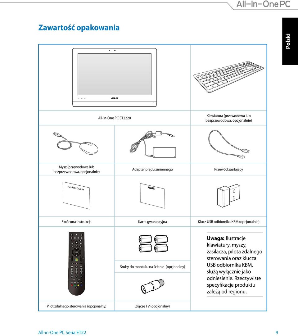 na ścianie (opcjonalny) Uwaga: Ilustracje klawiatury, myszy, zasilacza, pilota zdalnego sterowania oraz klucza USB odbiornika KBM, służą wyłącznie