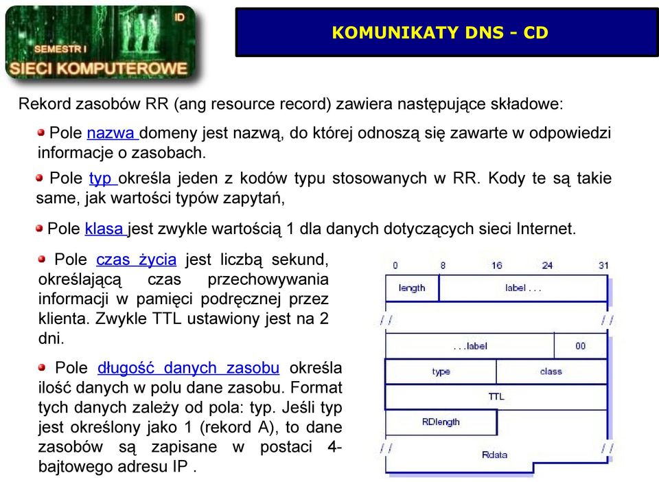 Kody te są takie same, jak wartości typów zapytań, Pole klasa jest zwykle wartością 1 dla danych dotyczących sieci Internet.