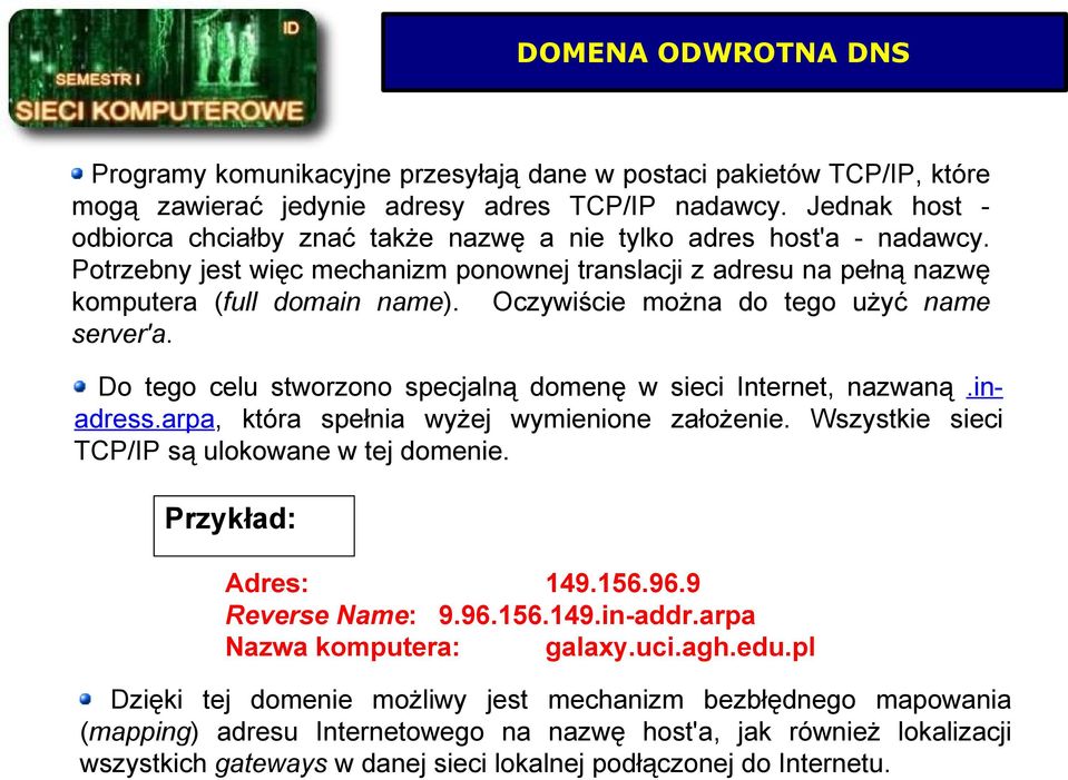 Oczywiście można do tego użyć name server'a. Do tego celu stworzono specjalną domenę w sieci Internet, nazwaną.inadress.arpa, która spełnia wyżej wymienione założenie.