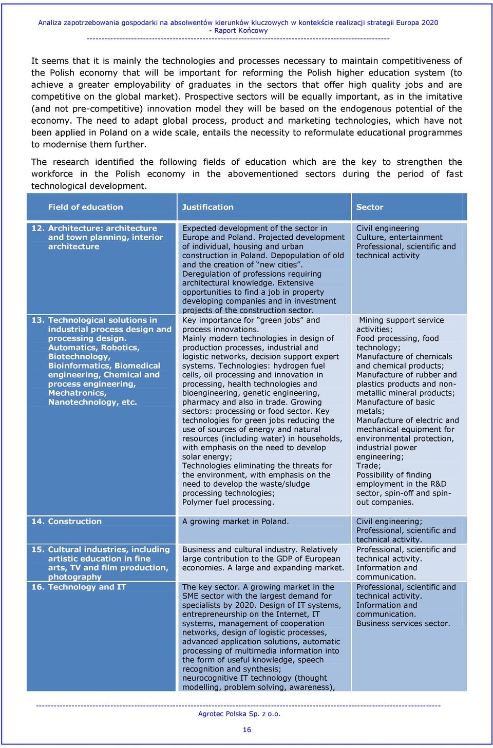 of the Polish economy that will be important for reforming the Polish higher education system (to achieve a greater employability of graduates in the sectors that offer high quality jobs and are