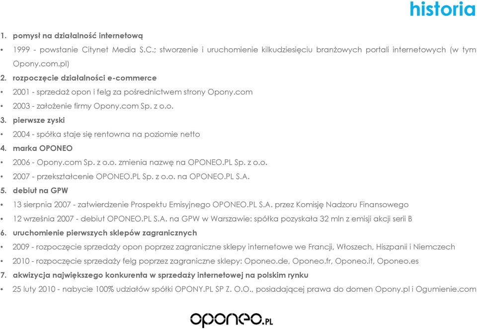 pierwsze zyski 2004 - spółka staje się rentowna na poziomie netto 4. marka OPONEO 2006 - Opony.com Sp. z o.o. zmienia nazwę na OPONEO.PL Sp. z o.o. 2007 - przekształcenie OPONEO.PL Sp. z o.o. na OPONEO.PL S.A.