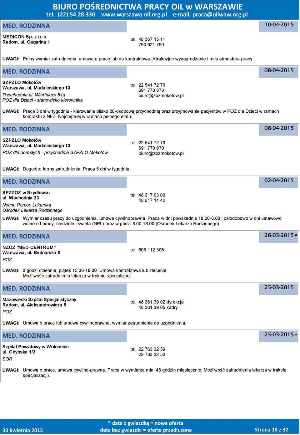 pl UWAGI: Praca 5 dni w tygodniu - kierowanie blisko 20-osobową przychodnią oraz przyjmowanie pacjentów w dla Dzieci w ramach kontraktu z NFZ. Najchętniej w ramach pełnego etatu.