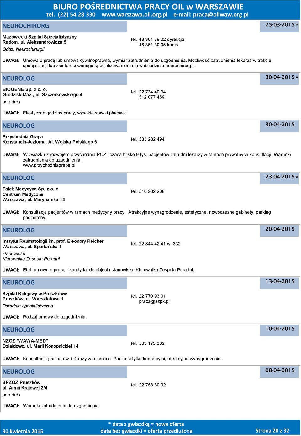 Możliwość zatrudnienia lekarza w trakcie specjalizacji lub zainteresowanego specjalizowaniem się w dziedzinie neurochirurgii. NEUROLOG NEUROLOG Przychodnia Grapa Konstancin-Jeziorna, Al.