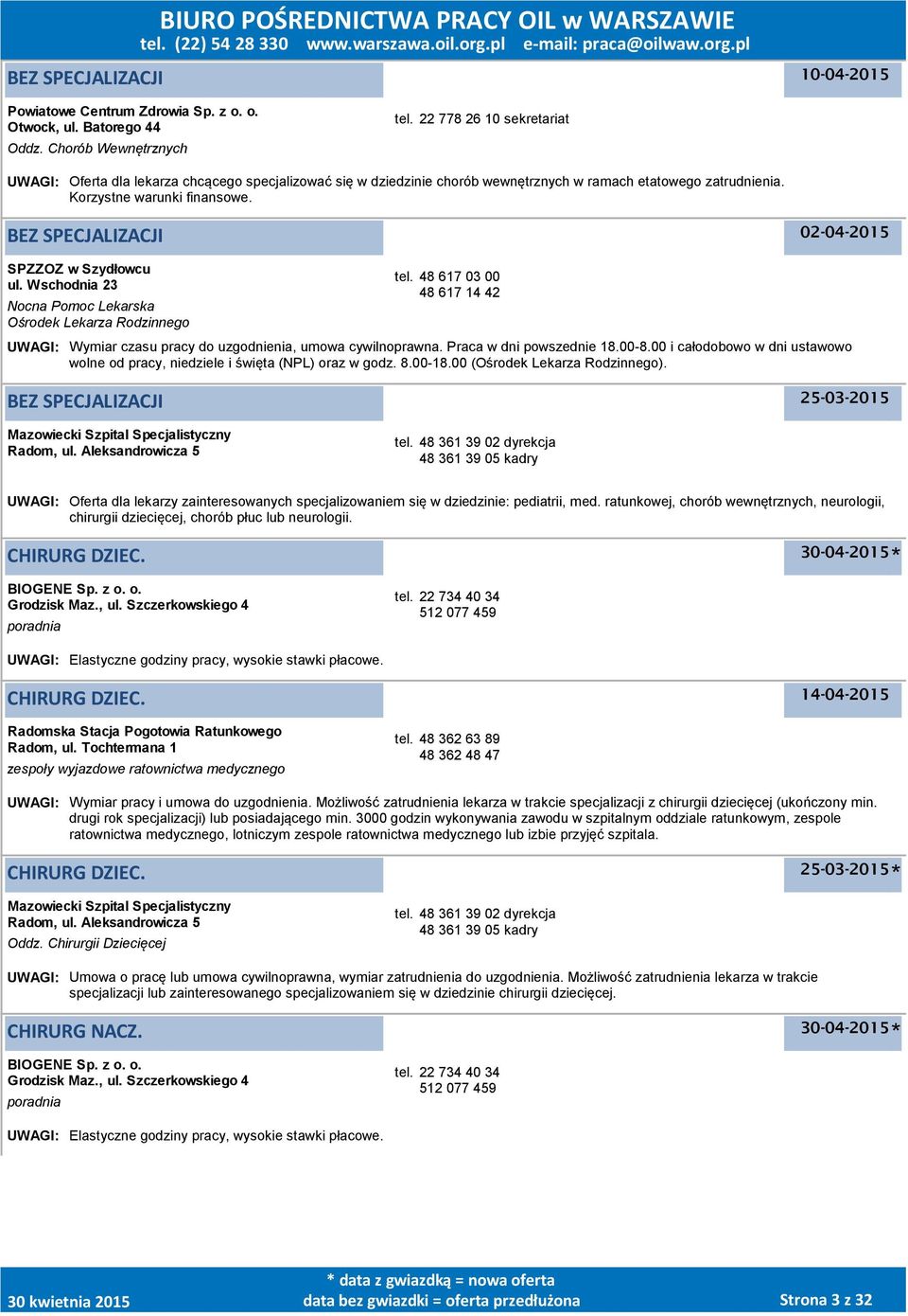 BEZ SPECJALIZACJI 02-04-2015 SPZZOZ w Szydłowcu ul. Wschodnia 23 Nocna Pomoc Lekarska Ośrodek Lekarza Rodzinnego tel.