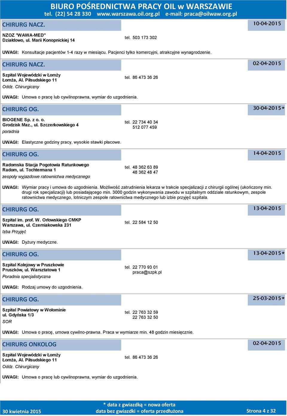 CHIRURG OG. 14-04-2015 Radomska Stacja Pogotowia Ratunkowego Radom, ul. Tochtermana 1 zespoły wyjazdowe ratownictwa medycznego tel.