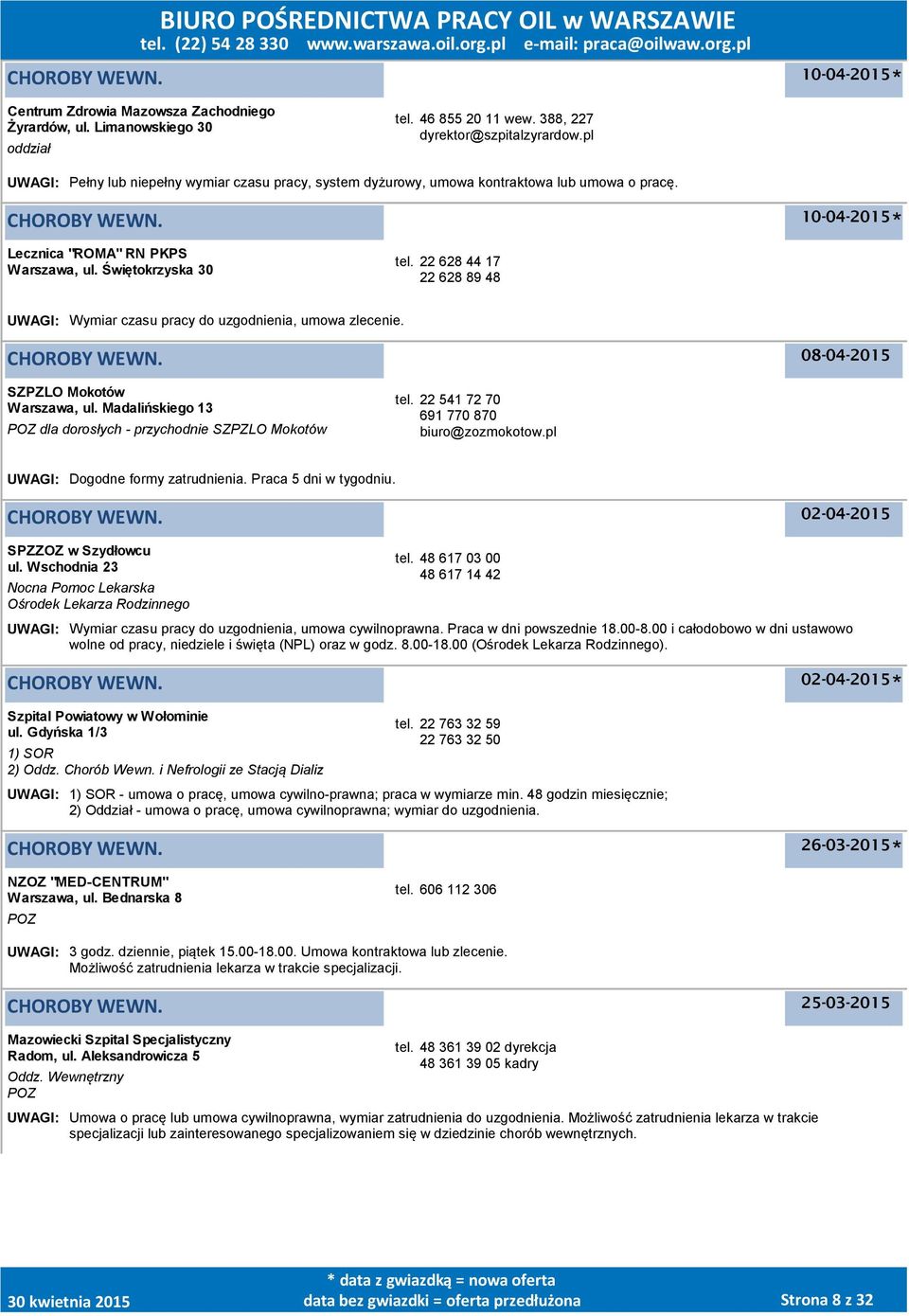 22 628 44 17 22 628 89 48 UWAGI: Wymiar czasu pracy do uzgodnienia, umowa zlecenie. 08-04-2015 SZPZLO Mokotów Warszawa, ul. Madalińskiego 13 dla dorosłych - przychodnie SZPZLO Mokotów tel.