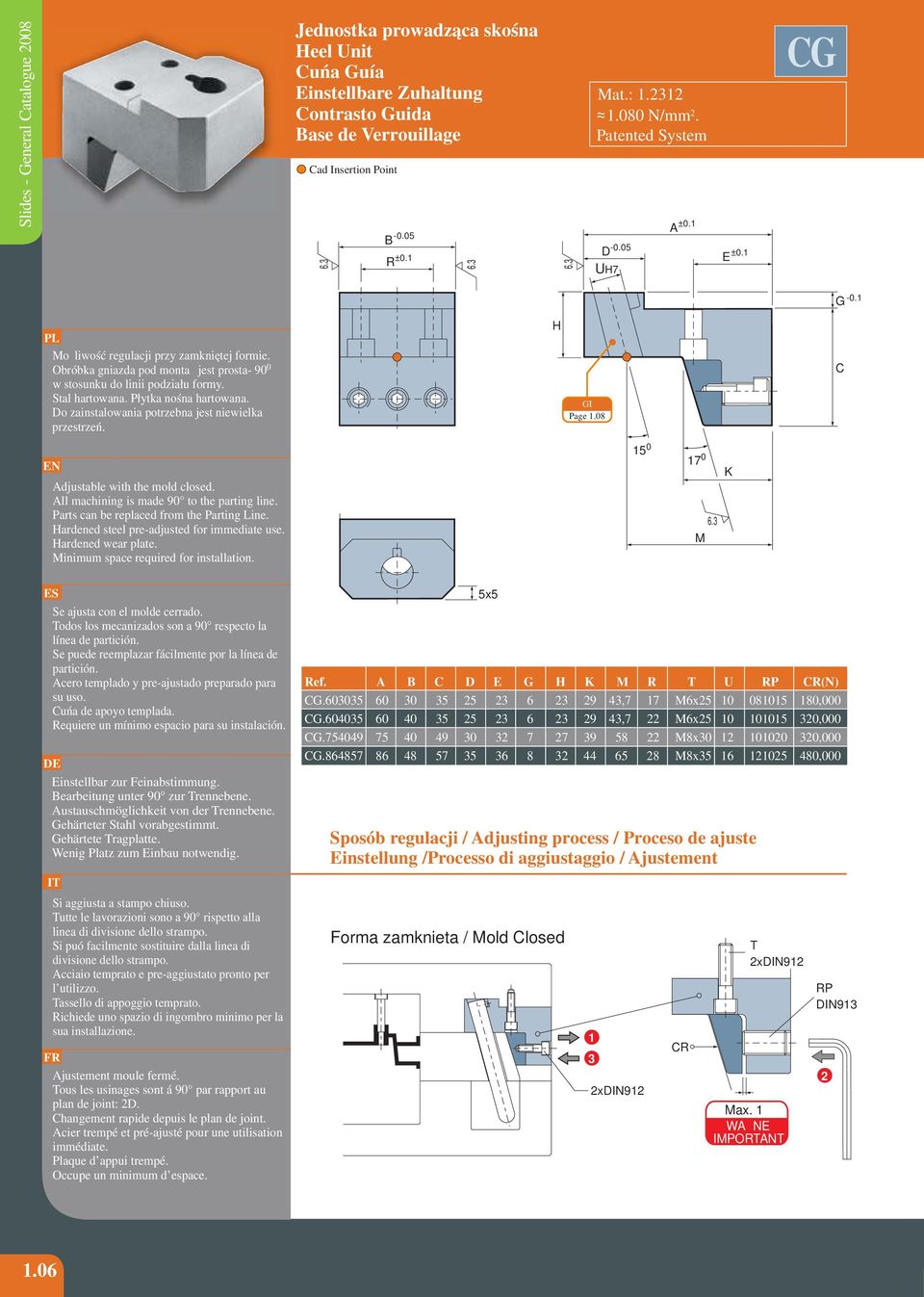 Do zainstalowania potrzebna jest niewielka przestrzeń. H GI Page 1.08 C Adjustable with the mold closed. All machining is made 90 to the parting line. Parts can be replaced from the Parting Line.