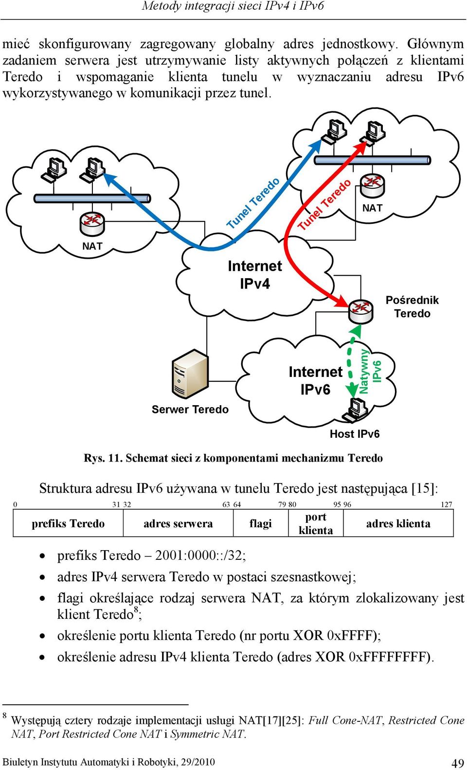 Tunel Teredo Tunel Teredo NAT NAT Internet IPv4 Pośrednik Teredo Serwer Teredo Internet IPv6 Natywny IPv6 Rys. 11.