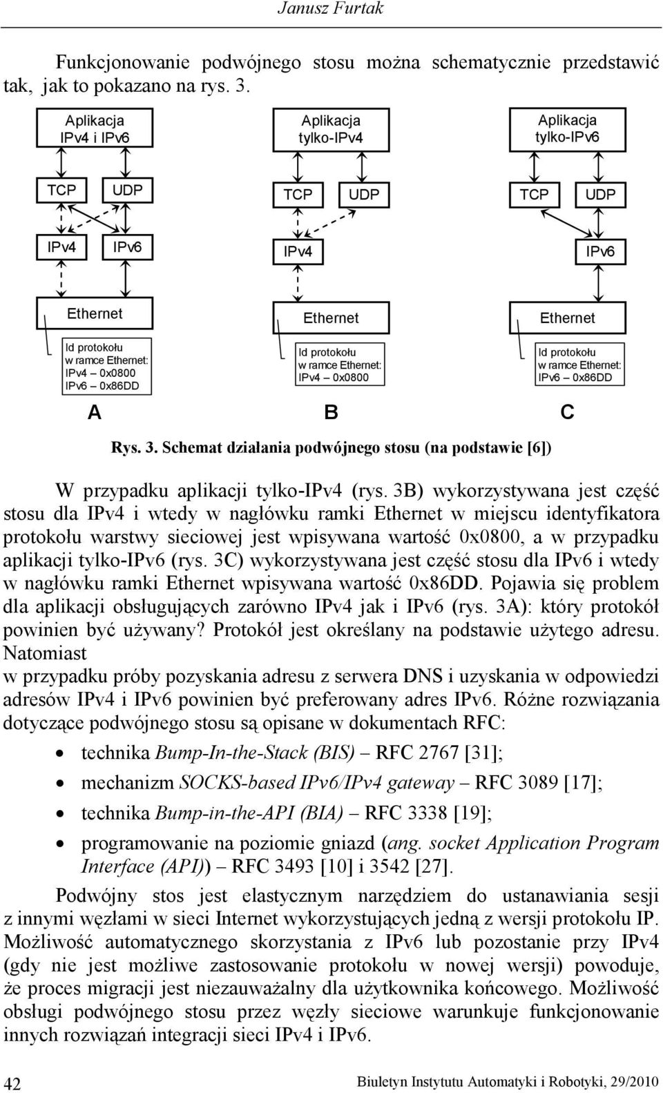 ramce Ethernet: IPv4 0x0800 B Ethernet Id protokołu w ramce Ethernet: IPv6 0x86DD C Rys. 3. Schemat działania podwójnego stosu (na podstawie [6]) W przypadku aplikacji tylko-ipv4 (rys.