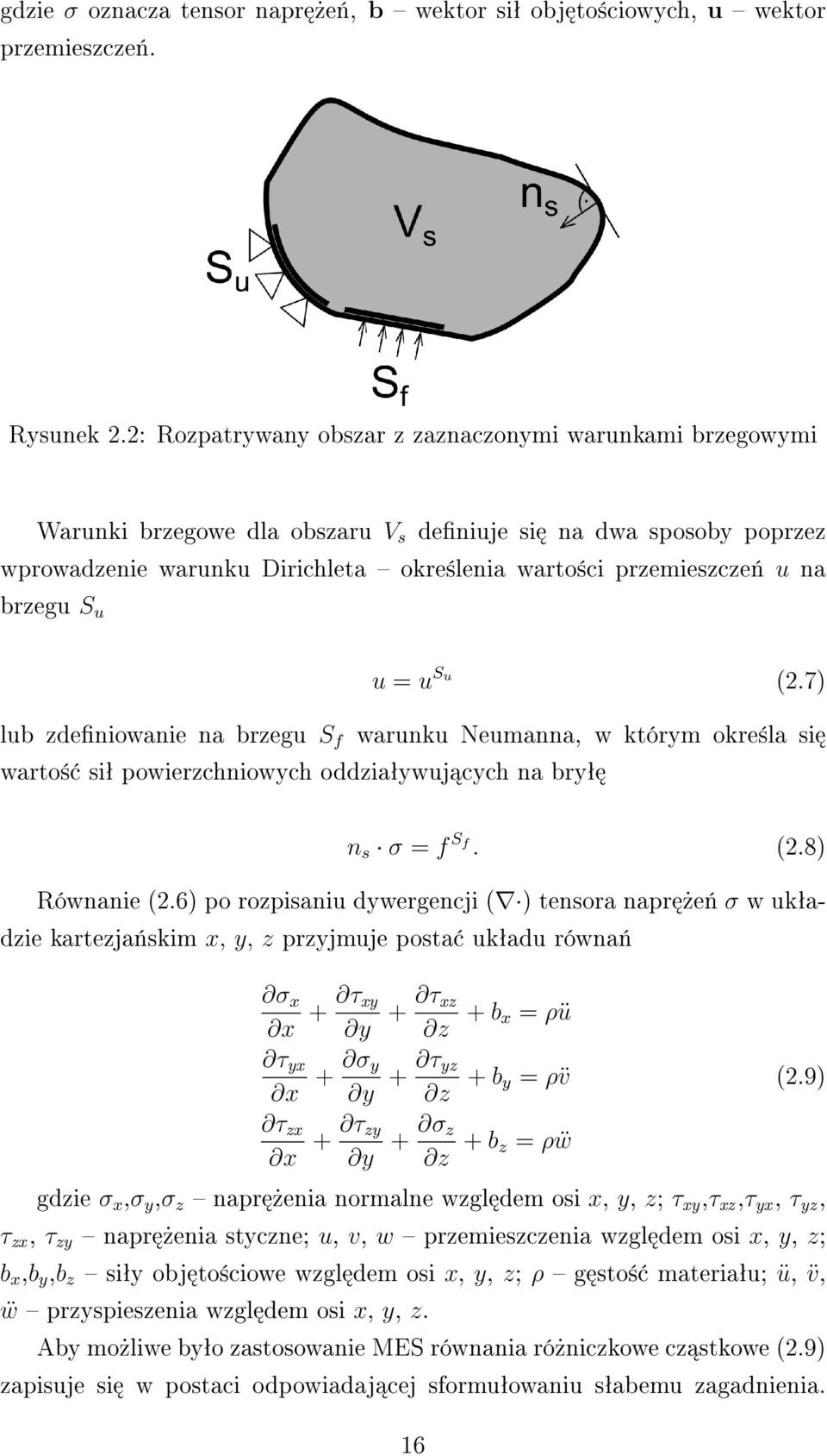 brzegu S u u = u Su (2.7) lub zdeniowanie na brzegu S f warunku Neumanna, w którym okre±la si warto± siª powierzchniowych oddziaªywuj cych na bryª n s σ = f S f. (2.8) Równanie (2.