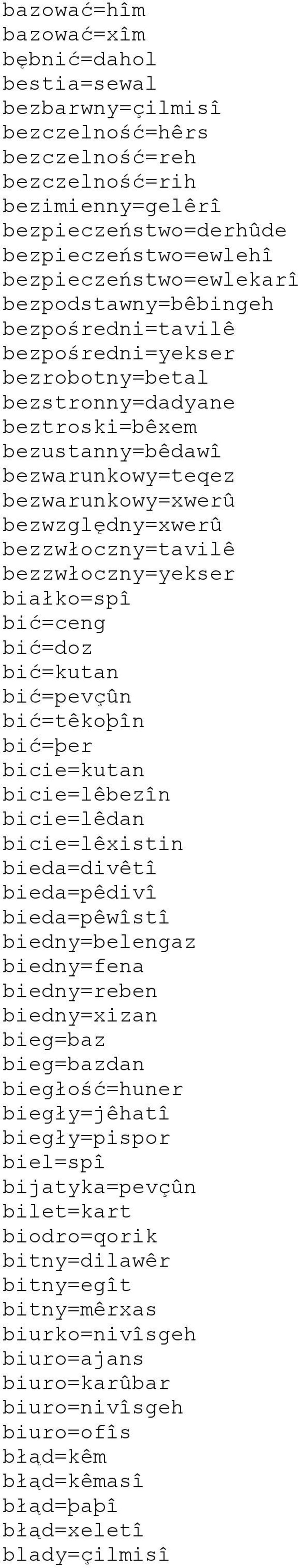 bezwzględny=xwerû bezzwłoczny=tavilê bezzwłoczny=yekser białko=spî bić=ceng bić=doz bić=kutan bić=pevçûn bić=têkoþîn bić=þer bicie=kutan bicie=lêbezîn bicie=lêdan bicie=lêxistin bieda=divêtî