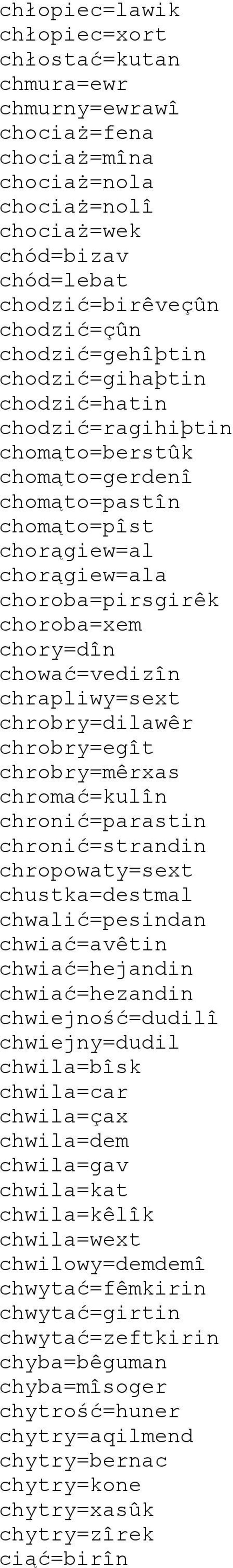 chować=vedizîn chrapliwy=sext chrobry=dilawêr chrobry=egît chrobry=mêrxas chromać=kulîn chronić=parastin chronić=strandin chropowaty=sext chustka=destmal chwalić=pesindan chwiać=avêtin