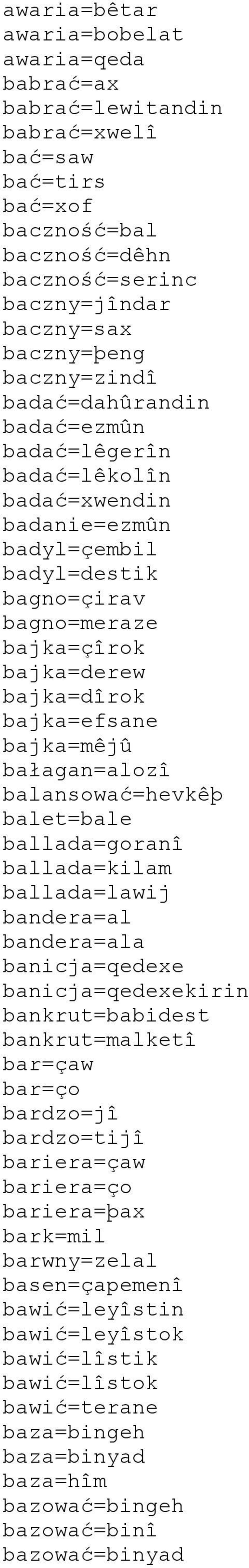 bałagan=alozî balansować=hevkêþ balet=bale ballada=goranî ballada=kilam ballada=lawij bandera=al bandera=ala banicja=qedexe banicja=qedexekirin bankrut=babidest bankrut=malketî bar=çaw bar=ço