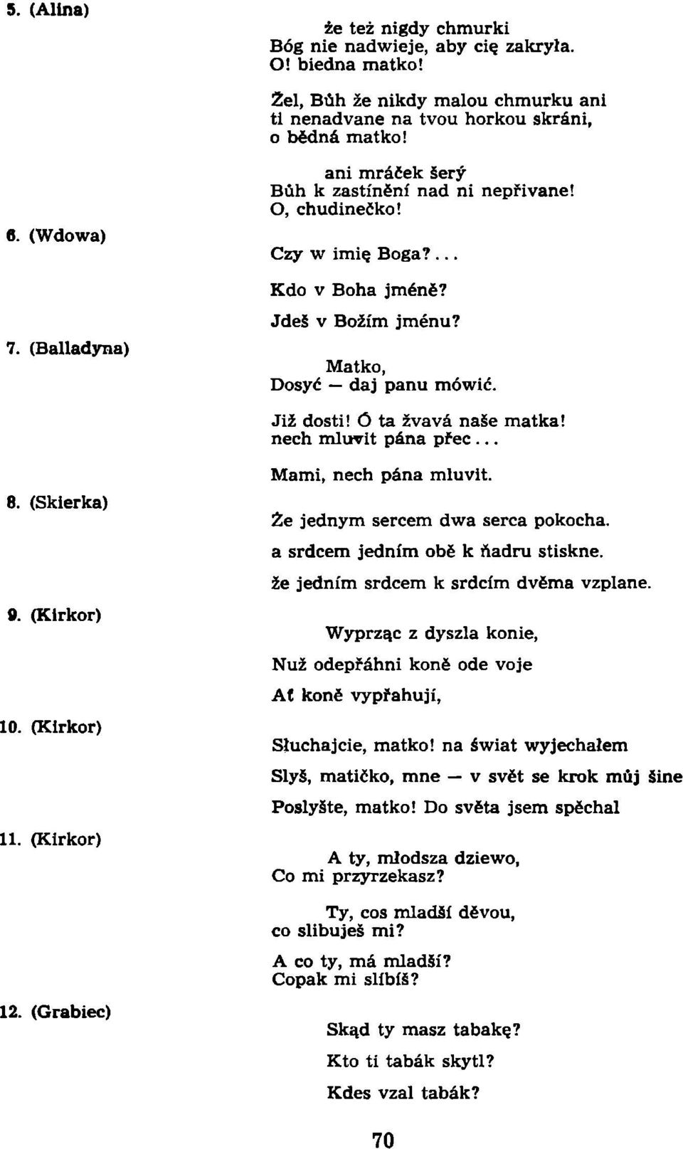 nech mlurit pána přec... 8. (Skierka) 9. (Klrkor) 10. (Klrkor) 11. (Kirkor) 12. (Grabiec) Mami, nech pána mluvit. Że jednym sercem dwa serca pokocha. a srdcem jedním obě k ňadru stiskne.