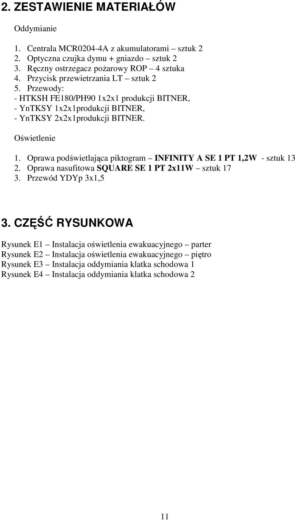 Oprawa podświetlająca piktogram INFINITY A SE 1 PT 1,2W - sztuk 13 2. Oprawa nasufitowa SQUARE SE 1 PT 2x11W sztuk 17 3. Przewód YDYp 3x1,5 3.