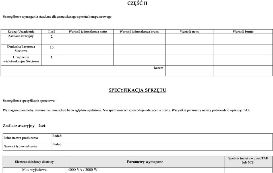 Wymagane parametry minimalne, muszą być bezwzględnie spełnione. Nie spełnienie ich spowoduje odrzucenie oferty. Wszystkie parametry należy potwierdzić wpisując TAK.