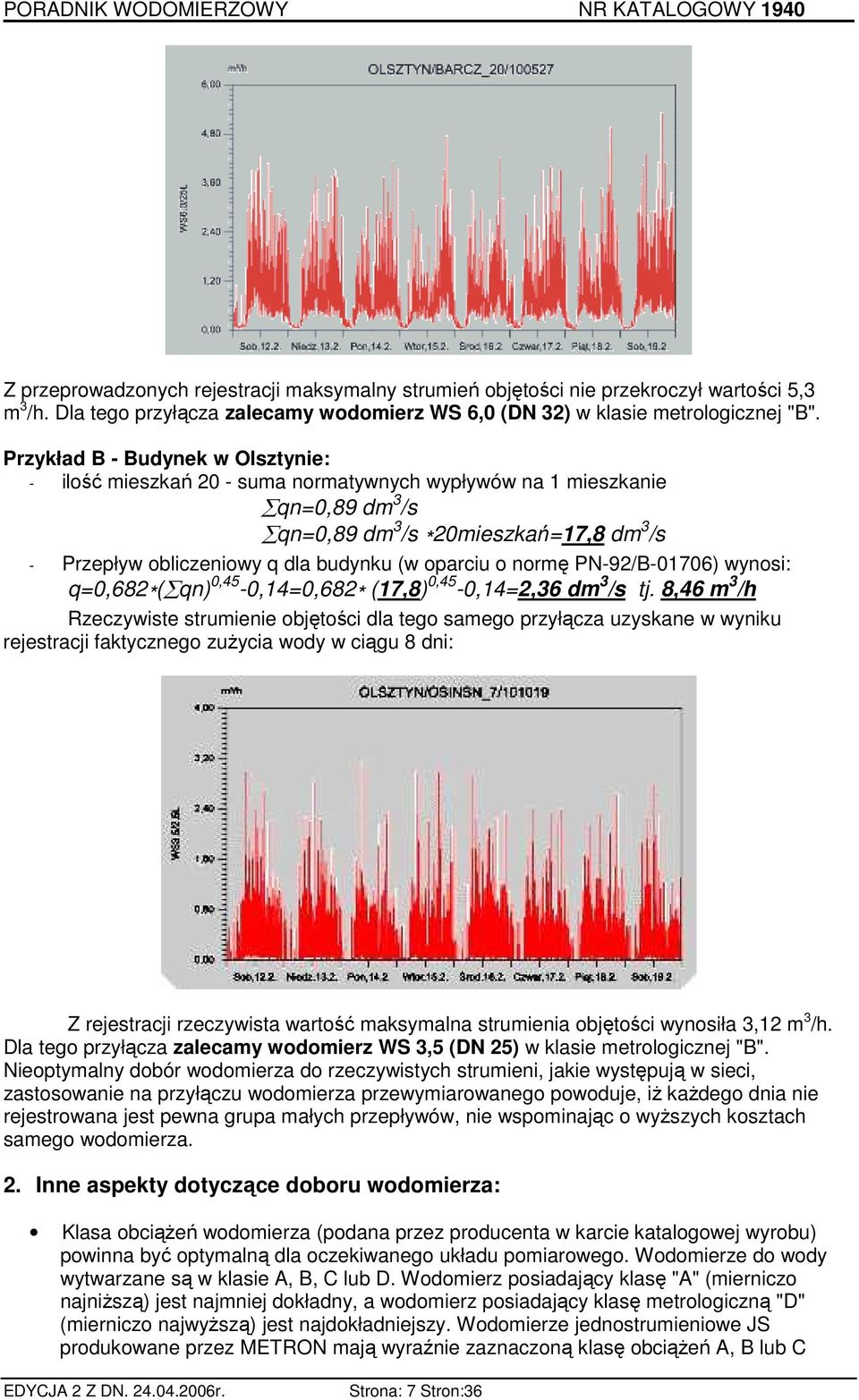 oparciu o normę PN-92/B-01706) wynosi: q=0,682 * ( qn) 0,45-0,14=0,682 * (17,8) 0,45-0,14=2,36 dm 3 /s tj.