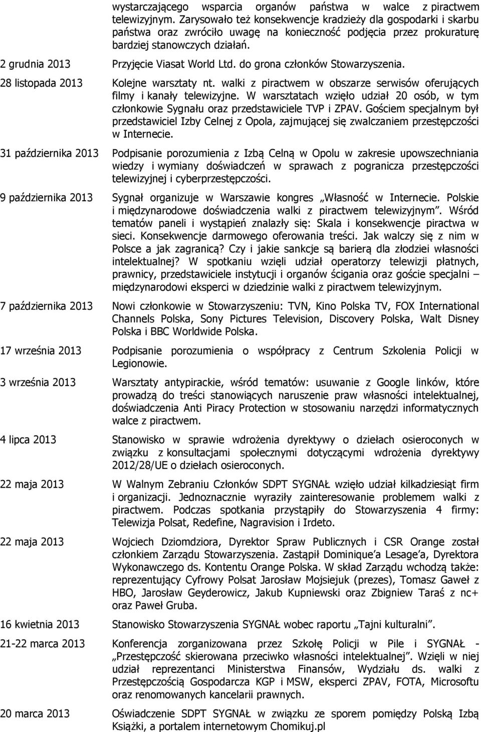 2 grudnia 2013 Przyjęcie Viasat World Ltd. do grona członków Stowarzyszenia. 28 listopada 2013 Kolejne warsztaty nt. walki z piractwem w obszarze serwisów oferujących filmy i kanały telewizyjne.