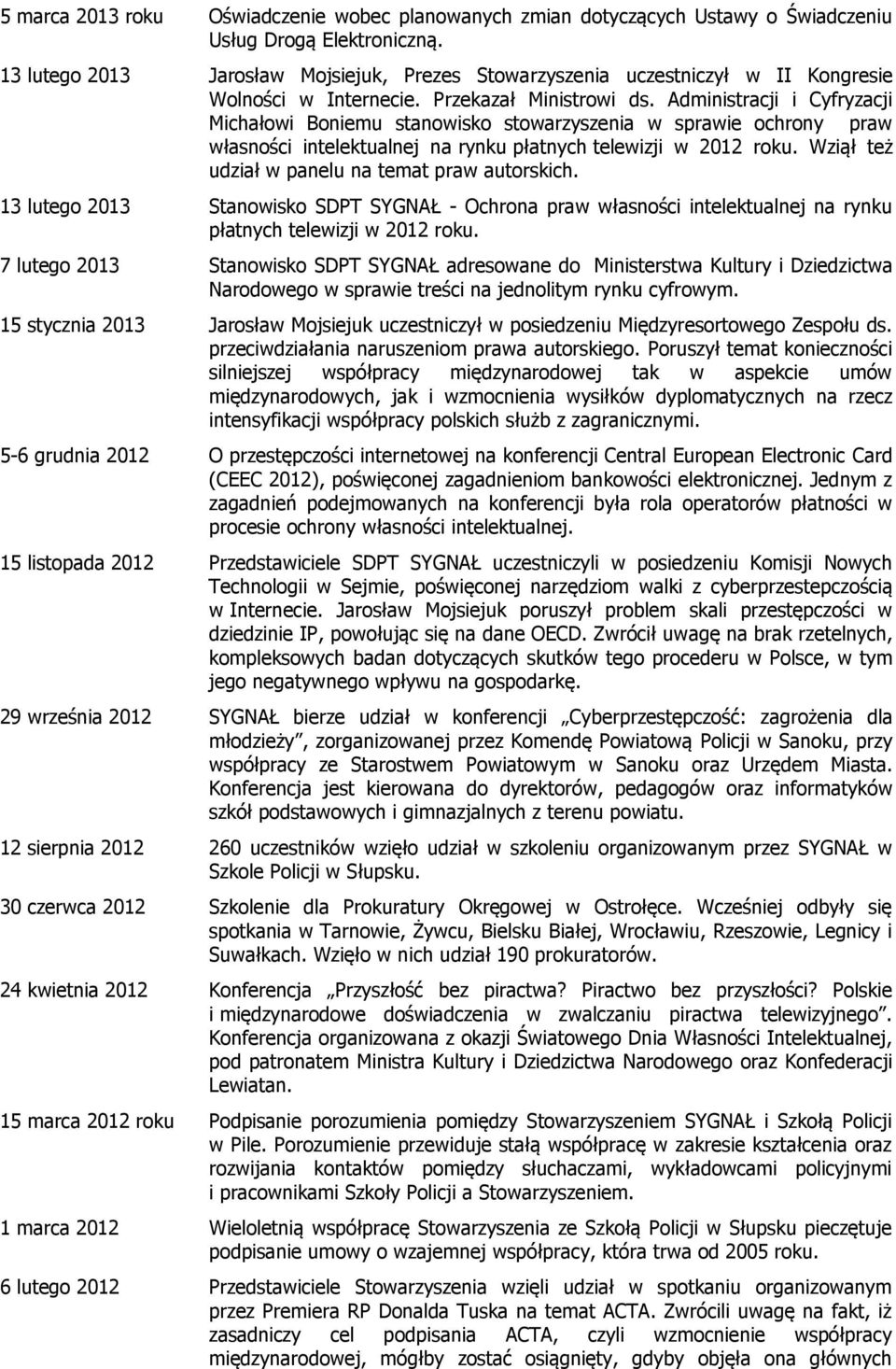 Administracji i Cyfryzacji Michałowi Boniemu stanowisko stowarzyszenia w sprawie ochrony praw własności intelektualnej na rynku płatnych telewizji w 2012 roku.