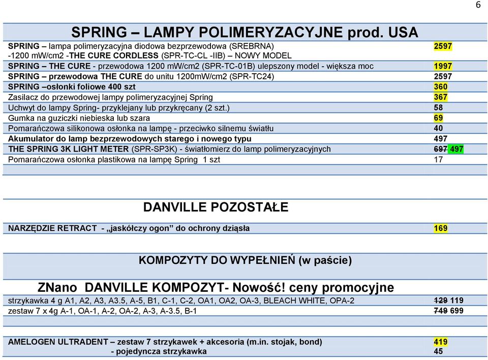 większa moc 1997 SPRING przewodowa THE CURE do unitu 1200mW/cm2 (SPR-TC24) 2597 SPRING osłonki foliowe 400 szt 360 Zasilacz do przewodowej lampy polimeryzacyjnej Spring 367 Uchwyt do lampy Spring-