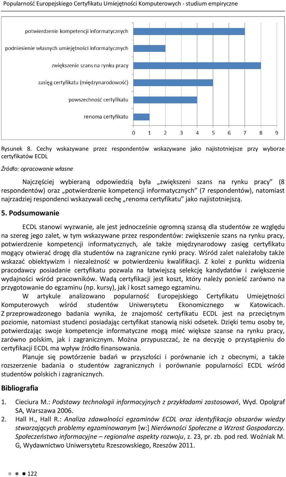 respondentów) oraz potwierdzenie kompetencji informatycznych (7 respondentów), natomiast najrzadziej respondenci wskazywali cechę renoma certyfikatu jako najistotniejszą. 5.