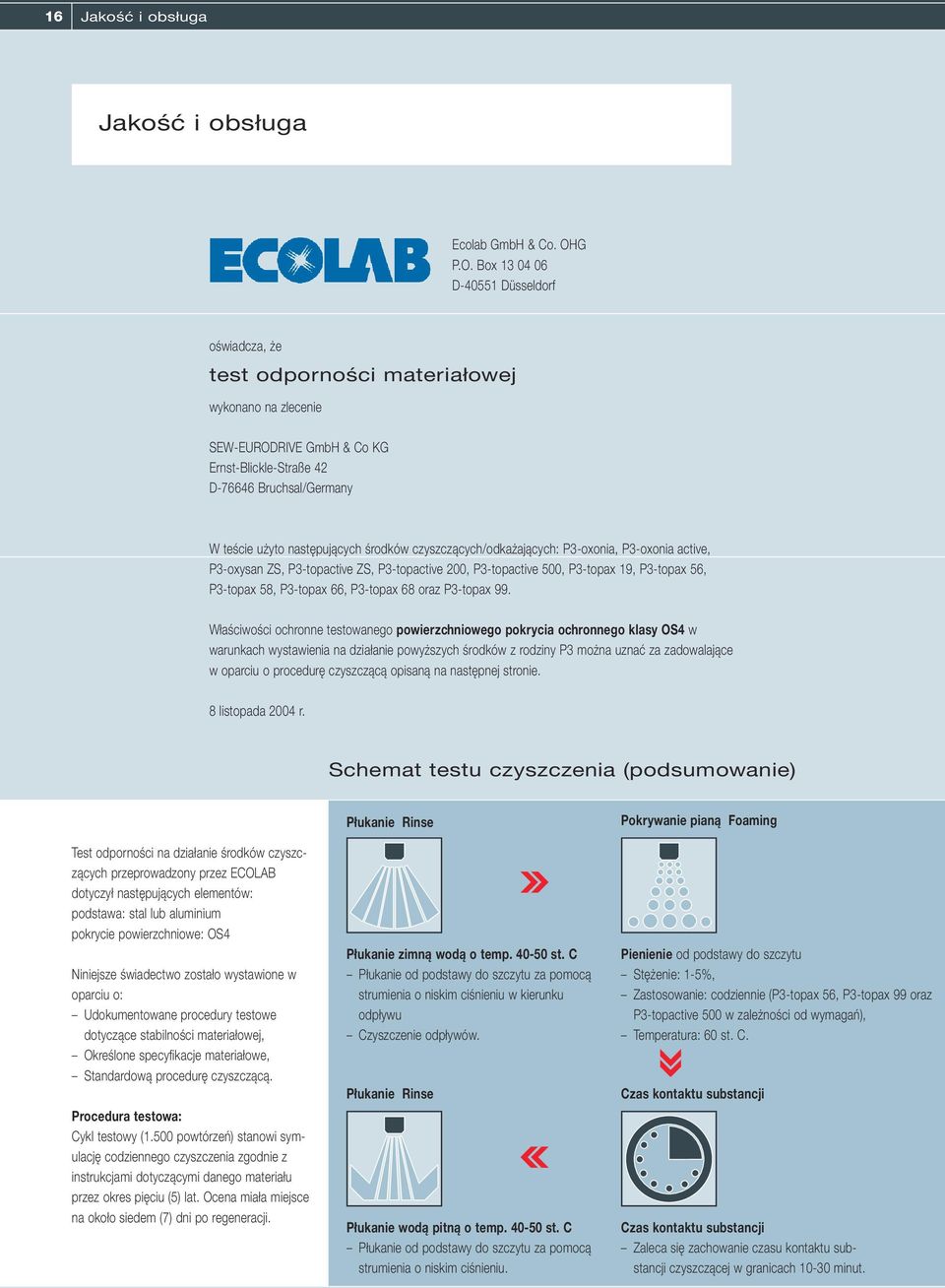 Box 13 04 06 D-40551 Düsseldorf oświadcza, że test odporności materiałowej wykonano na zlecenie SEW-EURODRIVE GmbH & Co KG Ernst-Blickle-Straße 42 D-76646 Bruchsal/Germany W teście użyto