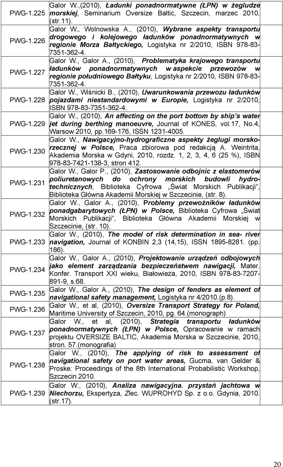 , (2010), Problematyka krajowego transportu ładunków ponadnormatywnych w aspekcie przewozów w PWG-1.227 regionie południowego Bałtyku, Logistyka nr 2/2010, ISBN 978-83- 7351-362-4. Galor W.
