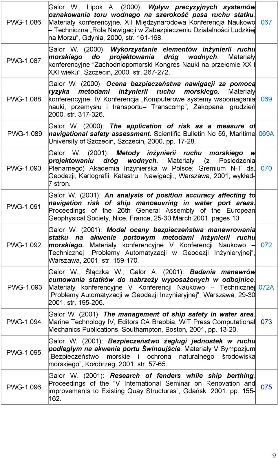 XII Międzynarodowa Konferencja Naukowo Techniczna Rola Nawigacji w Zabezpieczeniu Działalności Ludzkiej na Morzu, Gdynia, 2000, str. 161-168. Galor W.