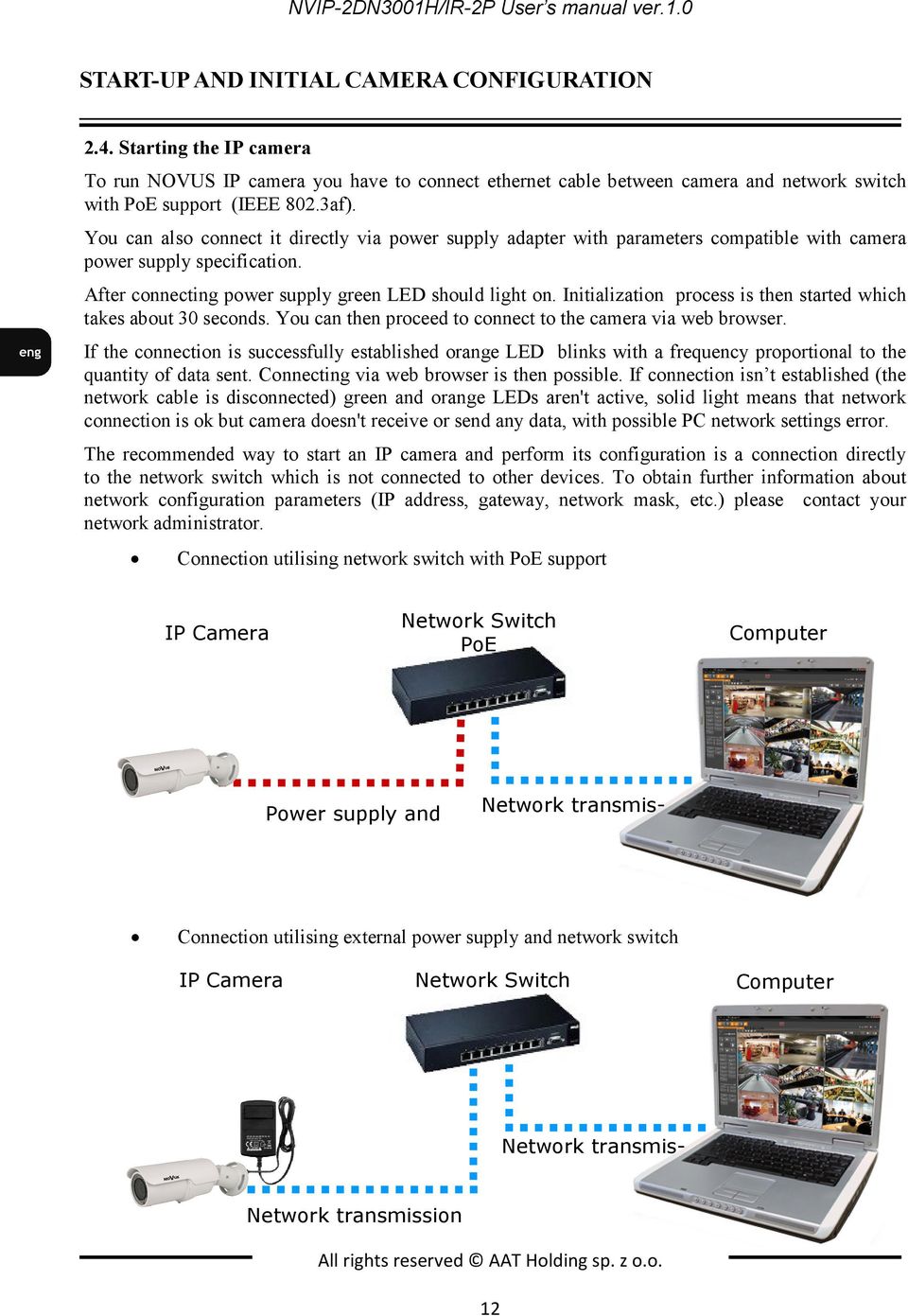 You can also connect it directly via power supply adapter with parameters compatible with camera power supply specification. After connecting power supply green LED should light on.