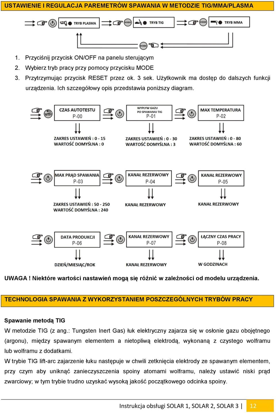 Niektóre wartości nastawień mogą się różnić w zależności od modelu urządzenia. TECHNOLOGIA SPAWANIA Z WYKORZYSTANIEM POSZCZEGÓLNYCH TRYBÓW PRACY Spawanie metodą TIG W metodzie TIG (z ang.