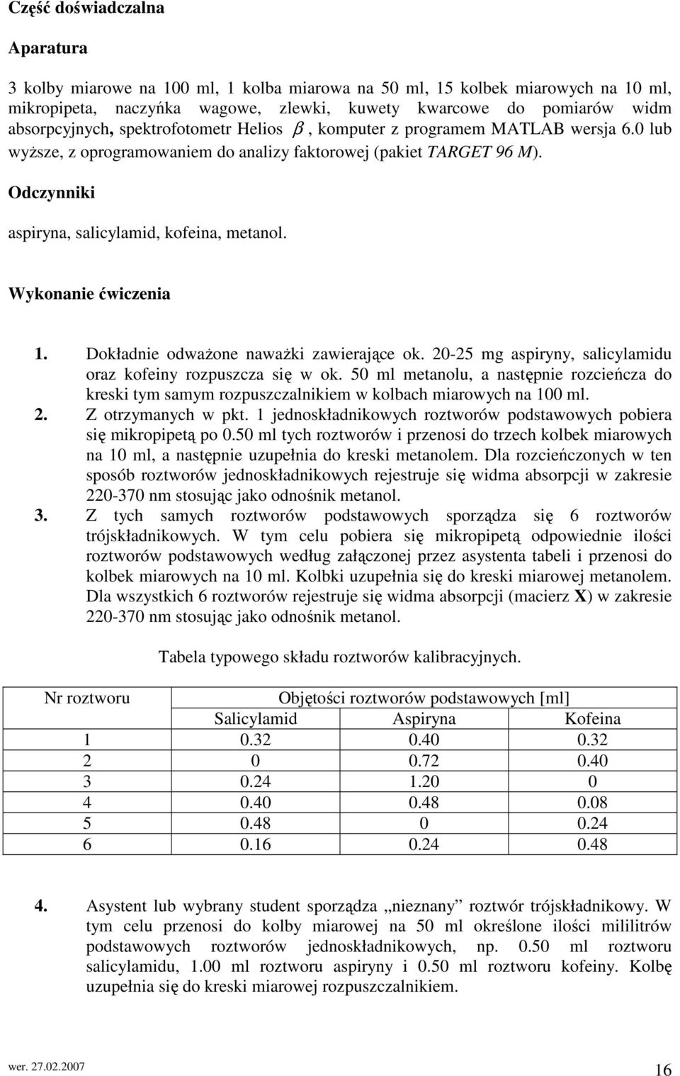 Wykonanie ćwiczenia 1. Dokładnie odwaŝone nawaŝki zawierające ok. 0-5 mg aspiryny, saicyamidu oraz kofeiny rozpuszcza się w ok.