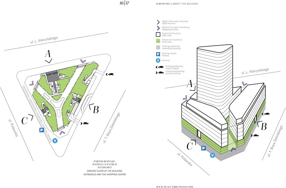 Przestrzeń handlowa Retail area Parking podziemny Underground parking Parking miejski Parking Veturilo Parking podziemny: wjazd i wyjazd