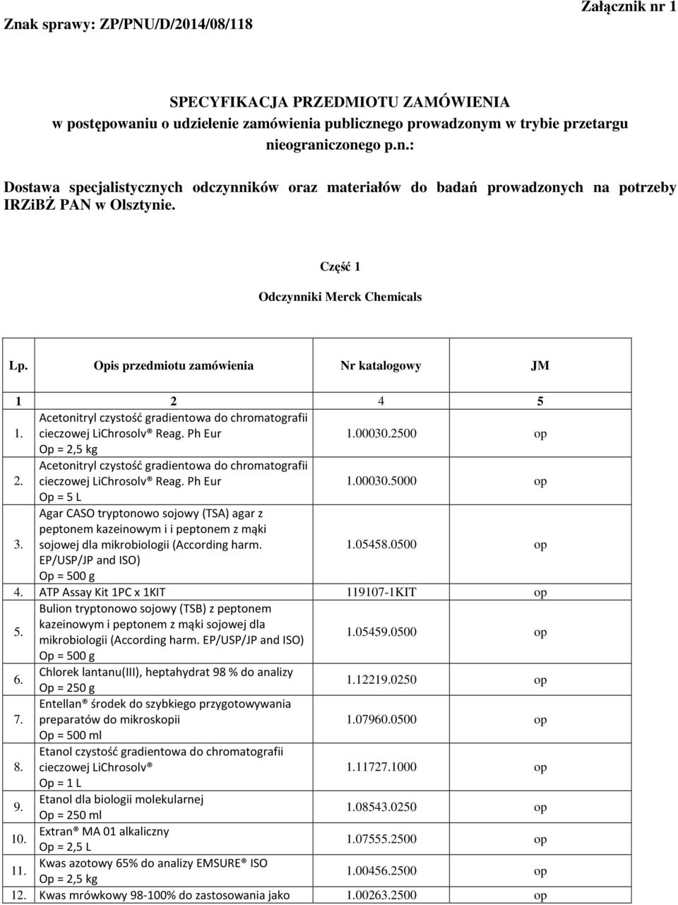 2500 Op = 2,5 kg 2. Acetonitryl czystość gradientowa do chromatografii cieczowej LiChrosolv Reag. Ph Eur 1.00030.5000 Op = 5 L 3.