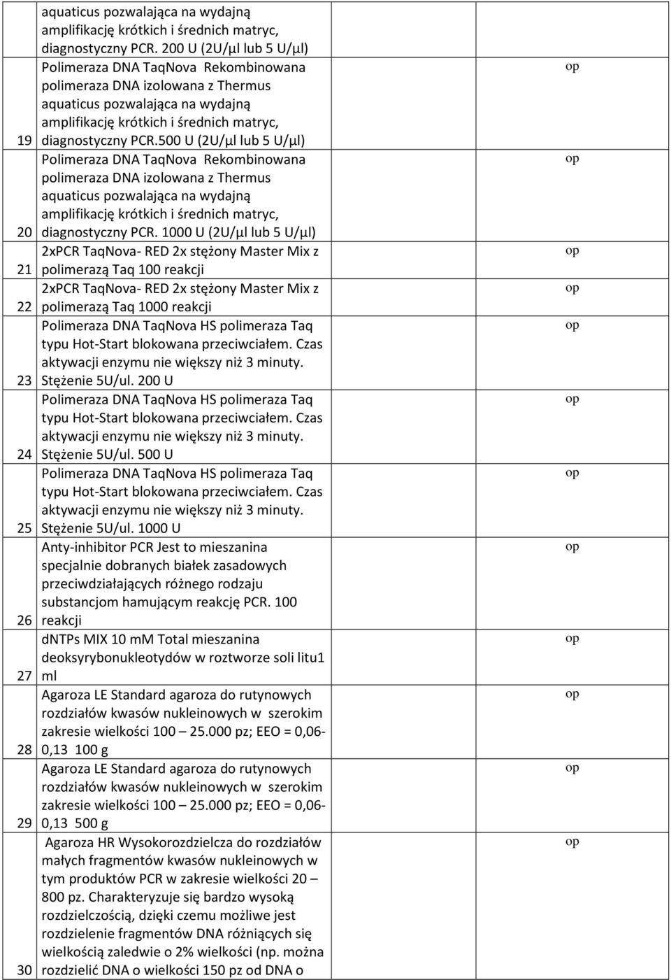 500 U (2U/µl lub 5 U/µl) Polimeraza DNA TaqNova Rekombinowana polimeraza DNA izolowana z Thermus aquaticus pozwalająca na wydajną amplifikację krótkich i średnich matryc, diagnostyczny PCR.