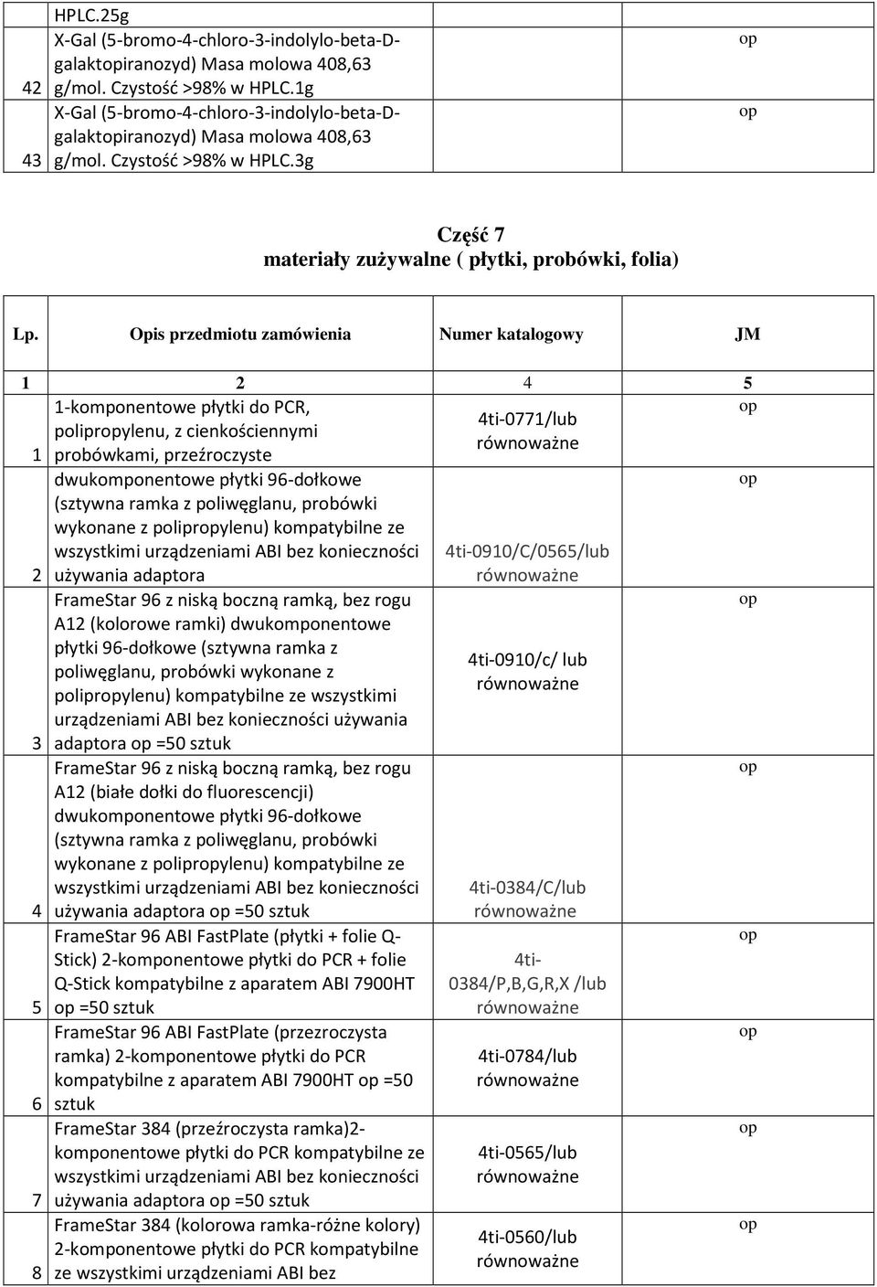 Opis przedmiotu zamówienia Numer katalogowy JM 1 2 4 5 1-komponentowe płytki do PCR, 4ti-0771/lub poliprylenu, z cienkościennymi 1 probówkami, przeźroczyste 2 3 4 5 6 7 8 dwukomponentowe płytki