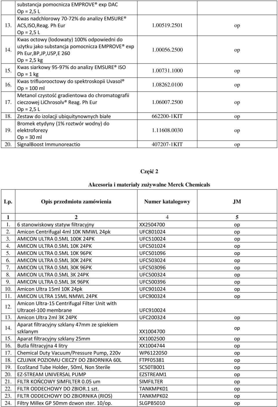 2500 Op = 2,5 kg Kwas siarkowy 95-97% do analizy EMSURE ISO 15. Op = 1 kg 1.00731.1000 Kwas trifluorooctowy do spektroskii Uvasol 16. Op = 100 ml 1.08262.