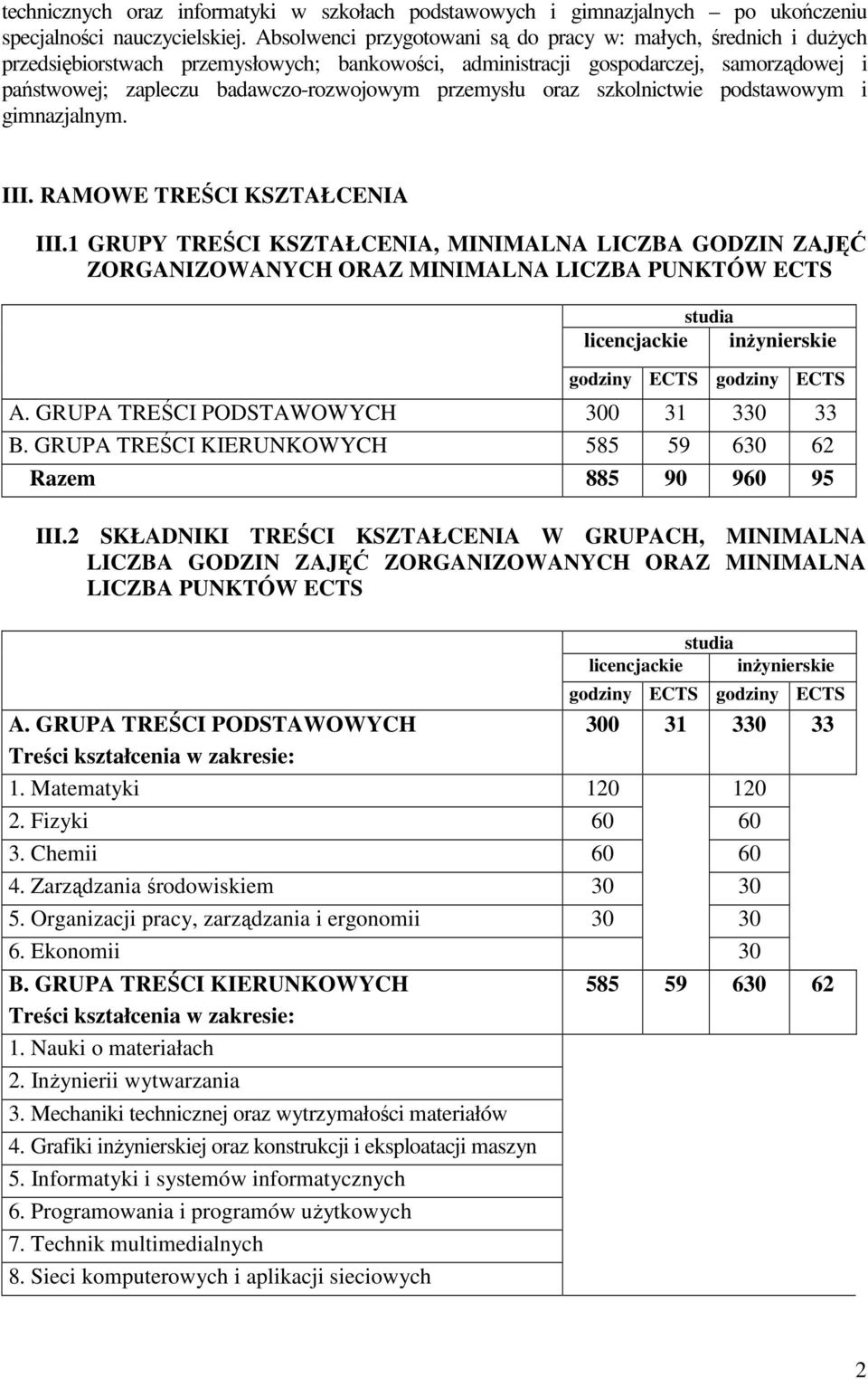 przemysłu oraz szkolnictwie podstawowym i gimnazjalnym. III. RAMOWE TREŚCI KSZTAŁCENIA III.