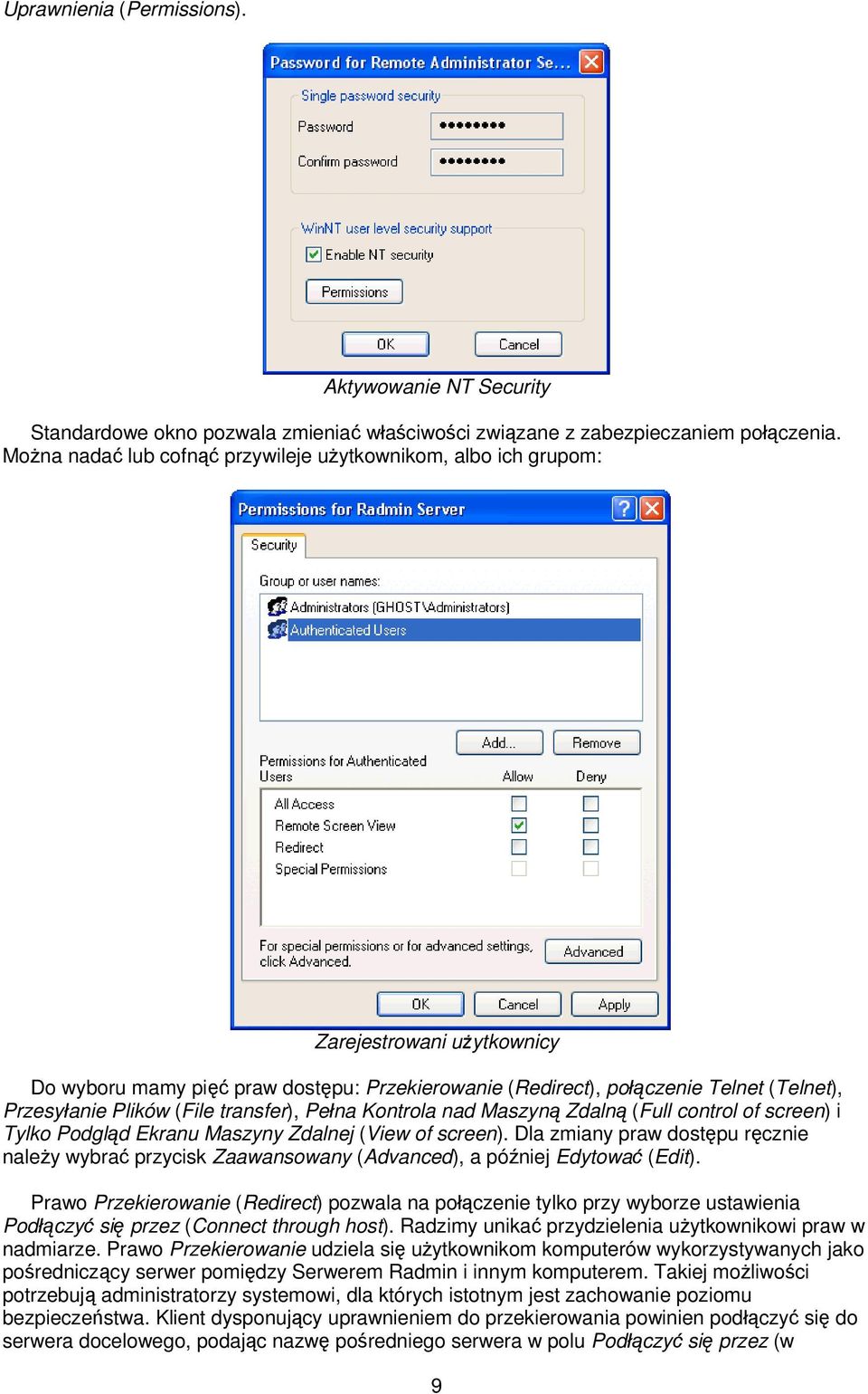 (File transfer), Pełna Kontrola nad Maszyną Zdalną (Full control of screen) i Tylko Podgląd Ekranu Maszyny Zdalnej (View of screen).