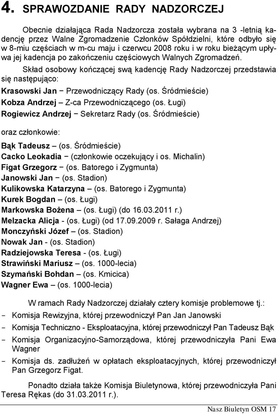 Skład osobowy kończącej swą kadencję Rady Nadzorczej przedstawia się następująco: Krasowski Jan Przewodniczący Rady (os. Śródmieście) Kobza Andrzej Z-ca Przewodniczącego (os.