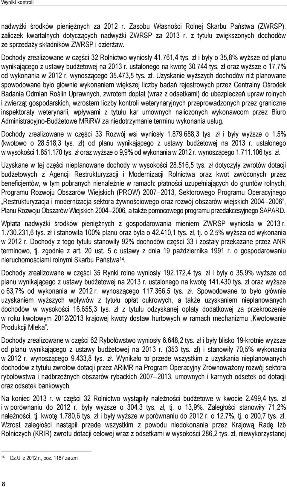 zł i były o 35,8% wyższe od planu wynikającego z ustawy budżetowej na 2013 r. ustalonego na kwotę 30.744 tys. zł 