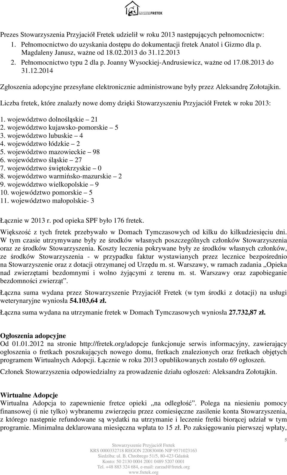 Liczba fretek, które znalazły nowe domy dzięki Stowarzyszeniu Przyjaciół Fretek w roku 2013: 1. województwo dolnośląskie 21 2. województwo kujawsko-pomorskie 5 3. województwo lubuskie 4 4.