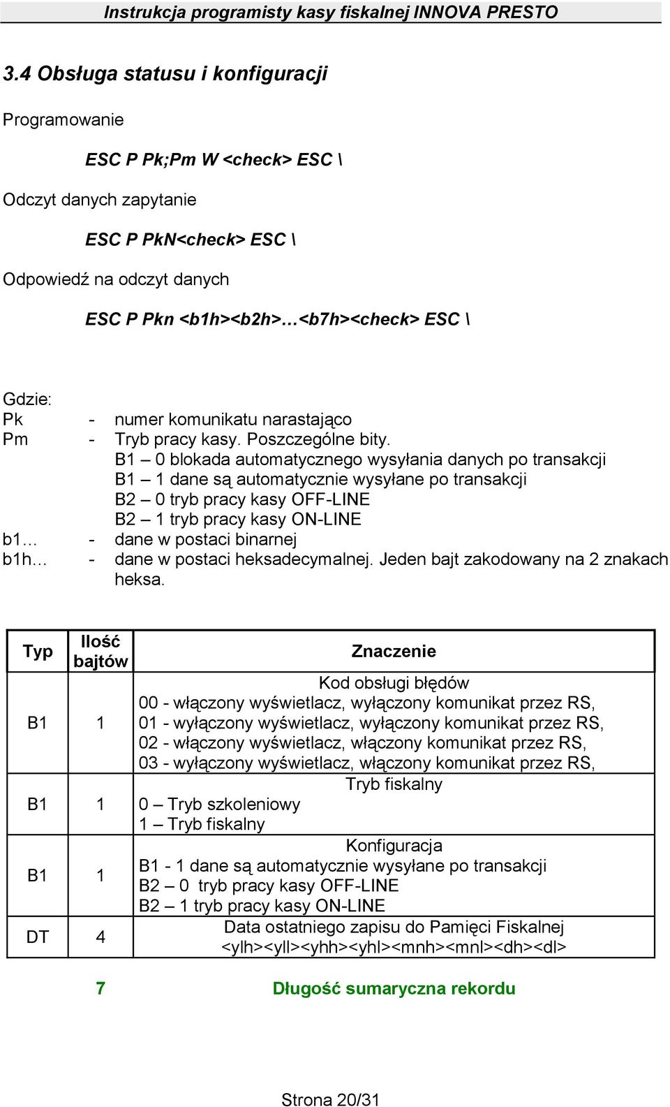 B1 0 blokada automatycznego wysyłania danych po transakcji B1 1 dane są automatycznie wysyłane po transakcji B2 0 tryb pracy kasy OFF-LINE B2 1 tryb pracy kasy ON-LINE b1 - dane w postaci binarnej