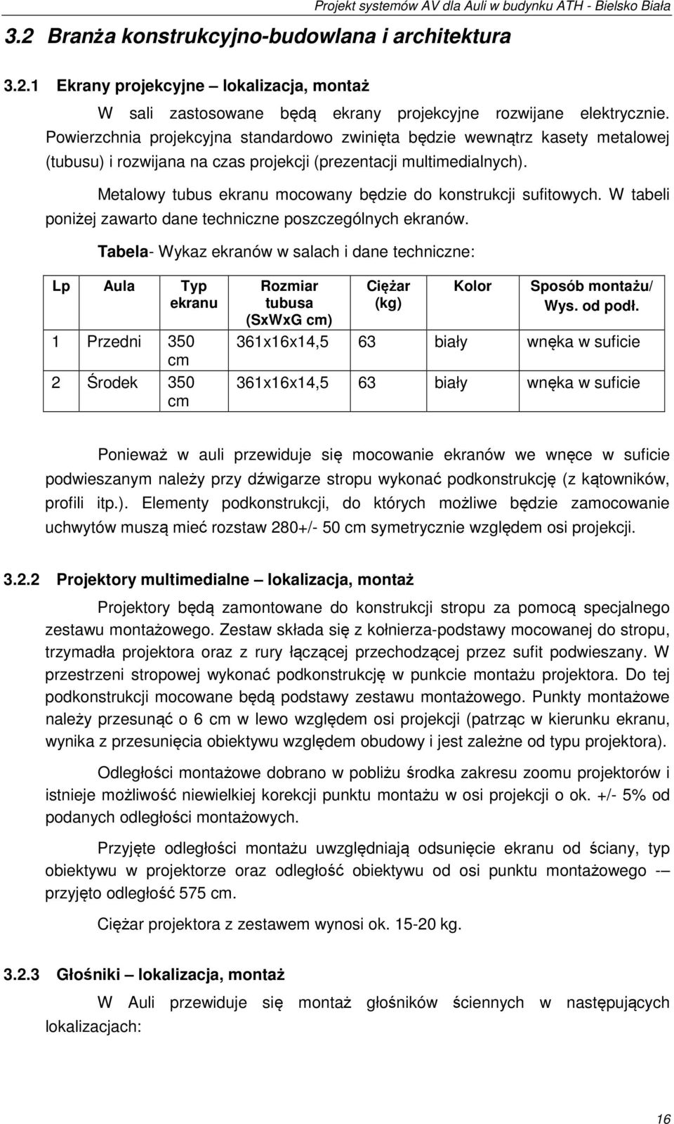 Metalowy tubus ekranu mocowany będzie do konstrukcji sufitowych. W tabeli poniżej zawarto dane techniczne poszczególnych ekranów.