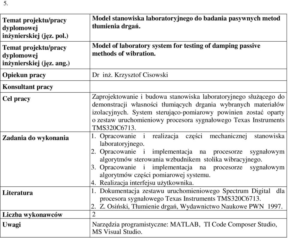 System sterująco-pomiarowy powinien zostać oparty o zestaw uruchomieniowy procesora sygnałowego Texas Instruments TMS320C6713. 1.