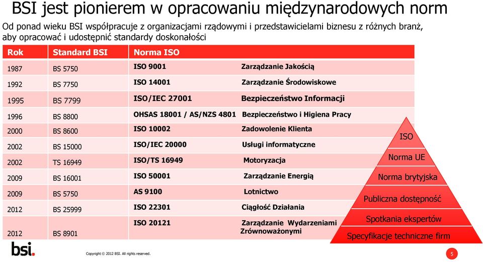 OHSAS 18001 / AS/NZS 4801 Bezpieczeństwo i Higiena Pracy 2000 BS 8600 ISO 10002 Zadowolenie Klienta 2002 BS 15000 ISO/IEC 20000 Usługi informatyczne 2002 TS 16949 ISO/TS 16949 Motoryzacja 2009 BS