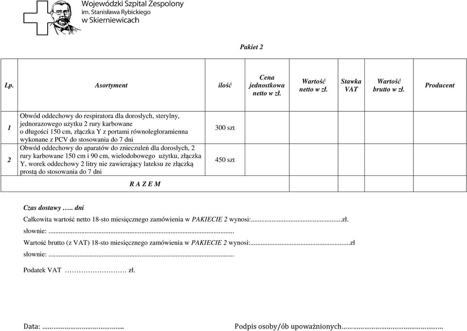 wielodobowego użytku, złączka Y, worek oddechowy 2 litry nie zawierający lateksu ze złączką prostą do stosowania do 7 dni 300 szt 450 szt Całkowita wartość