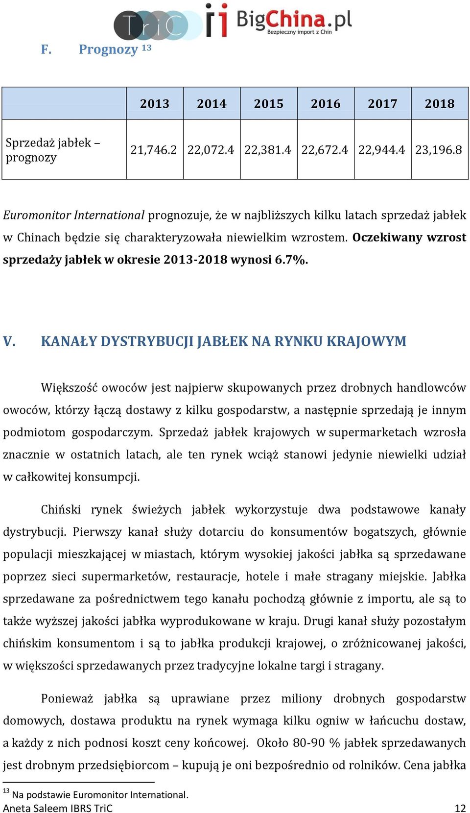 Oczekiwany wzrost sprzedaży jabłek w okresie 2013-2018 wynosi 6.7%. V.