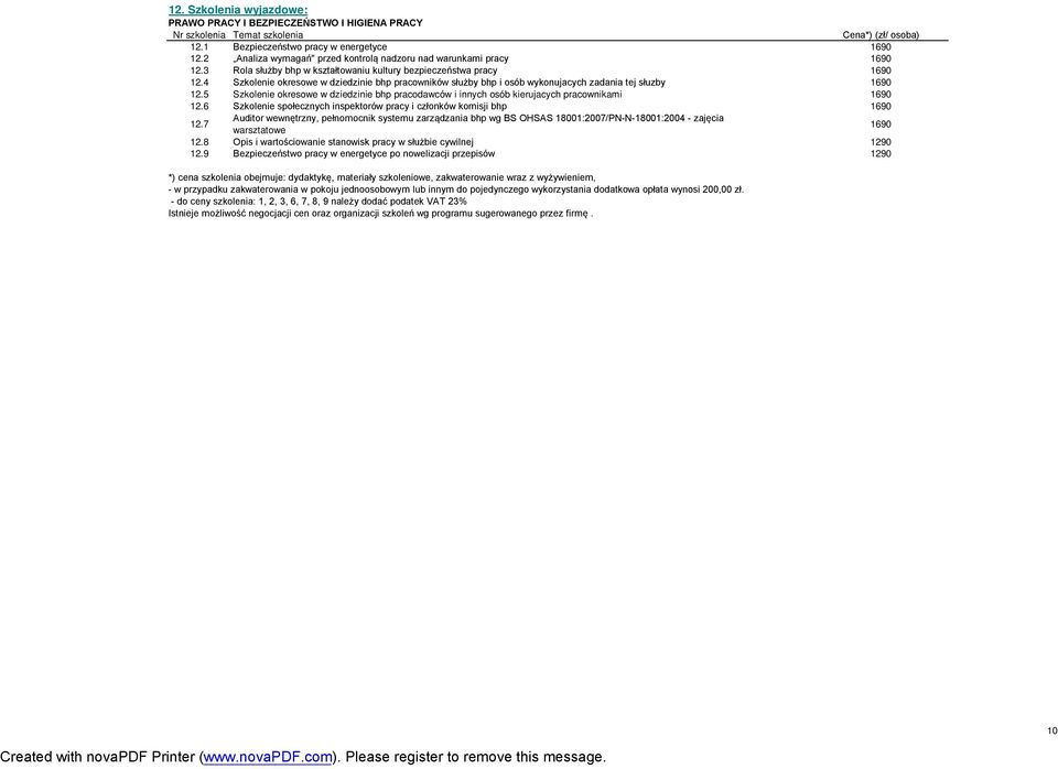 4 Szkolenie okresowe w dziedzinie bhp pracowników służby bhp i osób wykonujacych zadania tej słuzby 1690 12.