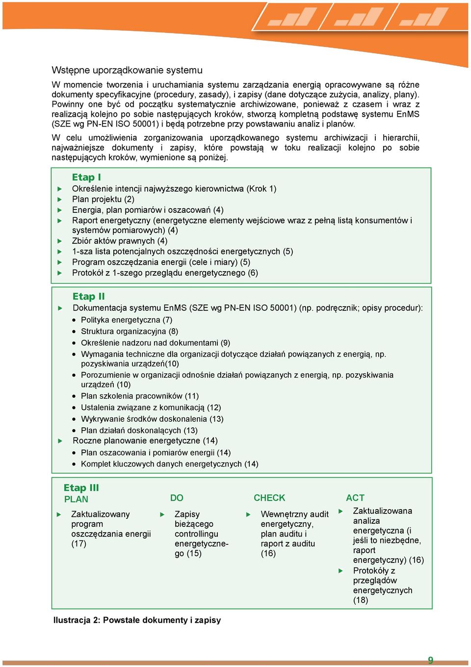 Powinny one być od początku systematycznie archiwizowane, ponieważ z czasem i wraz z realizacją kolejno po sobie następujących kroków, stworzą kompletną podstawę systemu EnMS (SZE wg PN-EN ISO 50001)