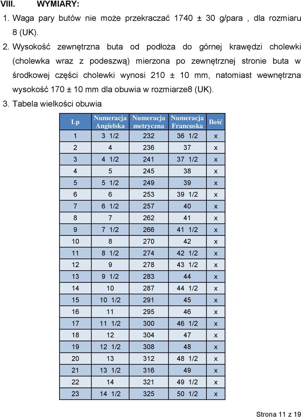 wysokość 170 ± 10 mm dla obuwia w rozmiarze8 (UK). 3.